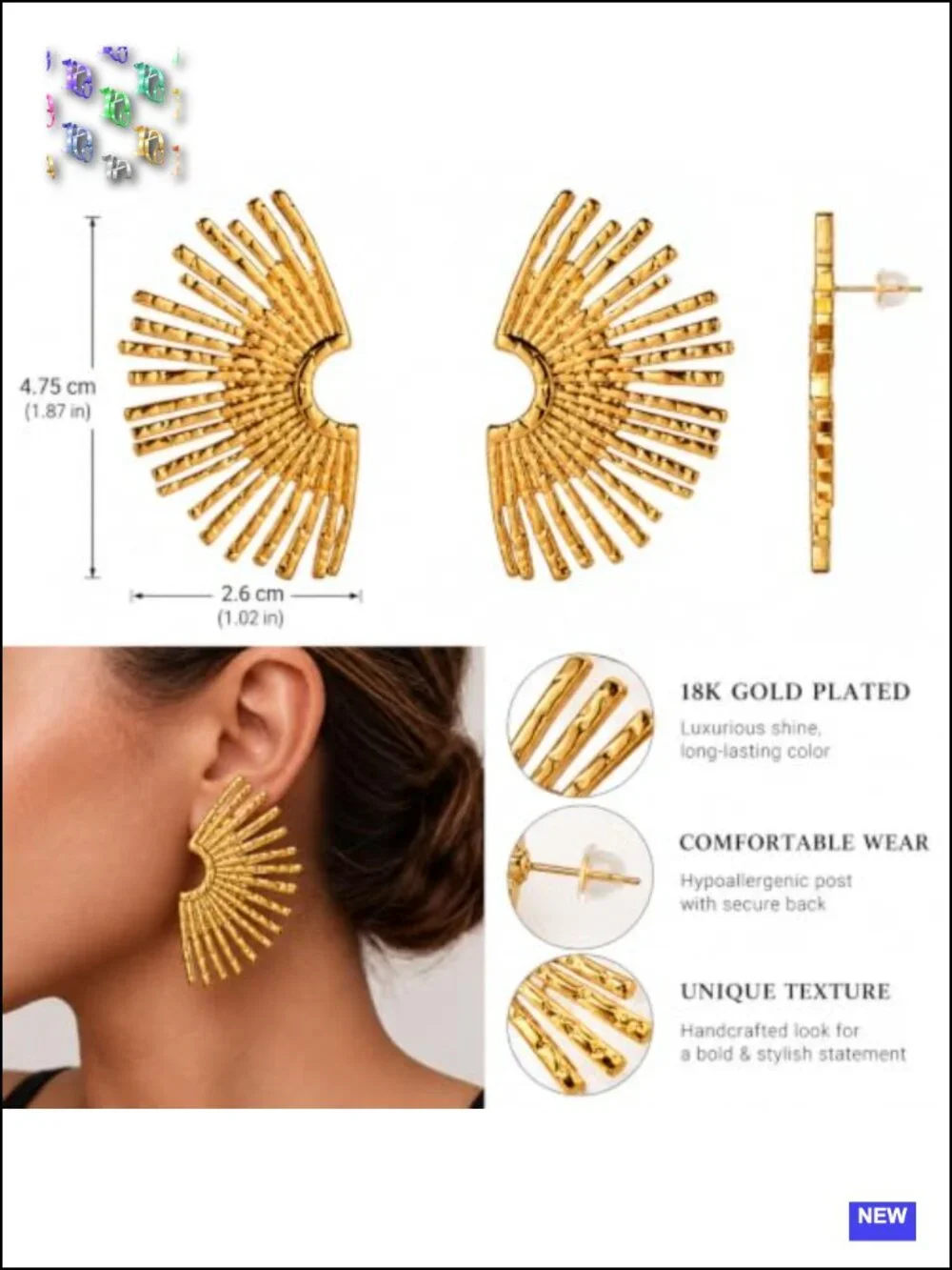 Sunburst Fan-shaped Geometric Ear Stud Earrings 18K Gold Plated Stainless Steel